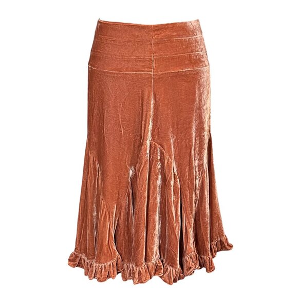ANTHROPOLOGIE ODILLE CrushedVelvet Skirt Sz 2 Ruffle Hem Rusty Orange Boho Y2K - Picture 1 of 13